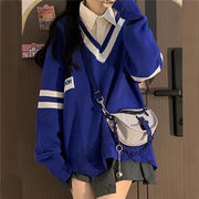 单件套装秋冬v领字母，拼色毛衣针织衫女学生韩版+长袖衬衫两件套