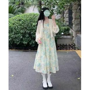 日系女学生小清新甜美可爱嫩绿防晒上衣两件套装夏季吊带连衣裙