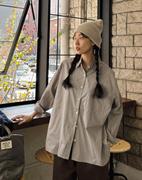 韩国特大码女装胖mm冬装时尚竖条纹宽松长袖休闲衬衫1021