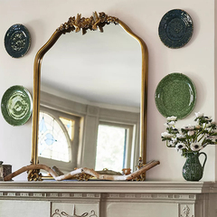 壁炉美式镜子法式复古装饰镜壁挂做旧金色镜欧式厕所化妆梳妆镜大