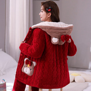 秋冬季睡衣女珊瑚绒三层，夹棉可爱连帽红色加厚加绒家居服套装