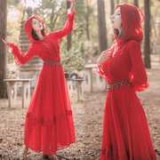 云南丽江大红色连衣裙带，帽青海湖旅游拍照长，裙子沙漠度假沙滩裙女