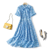 夏季印花蓝色连衣裙欧美气质木耳边拼接短袖女装春季中长裙子
