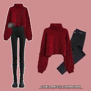 红色短款高领毛衣女(毛衣女，)秋冬法式气质麻花加厚加绒保暖针织打底衫