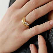 欧美时尚跨境宽面夸张异形弧面几何镶锆石戒指指环钛钢镀18K金女