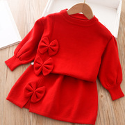 女童毛衣套装秋冬款儿童洋气针织套裙宝宝红色毛线衣短裙两件套潮