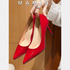 玛美妮大小码单鞋，31-43漆皮红色高跟鞋，女细跟百搭婚鞋女
