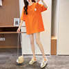 橘色大版纯棉短袖T恤女夏季中长款宽松韩版减龄洋气下衣失踪体恤