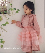 100-145韩国高端童装暗红格大翻领，雪纺长袖连衣裙