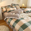 多尺寸韩式花边条纹格子，四件套纯色床裙磨毛加厚床单被套床上用品