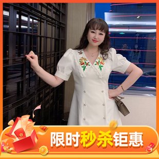 GLEC大码女装白色洋装礼服2024年V领时尚宴会连衣裙显瘦减龄