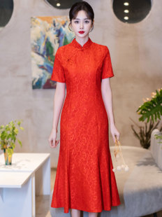 新中式酒红色连衣裙2024复古年轻款改良气质长裙夏季送考旗袍