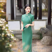 新中式复古旗袍连衣裙国风改良年轻款民国风精致墨绿色长裙女夏装