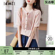 粉色短袖雪纺衬衫，女2023夏季纯色褶皱，简约气质薄款上衣