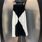 2024春夏时髦优雅香风气质黑白几何拼色重工百褶裙长款大摆半身裙