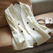 百搭~秋装乳白色斜纹，含羊毛面料，双排扣小宽松长袖西装外套