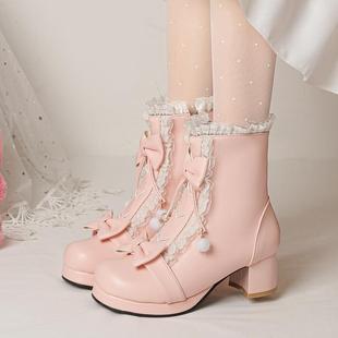 2024春秋季lolita鞋子洛丽塔，高跟短靴女lo靴子，粗跟冬季加绒