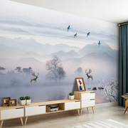 现代中式水墨山水壁纸，抽象麋鹿影视墙布壁画客厅，沙发电视背景墙纸