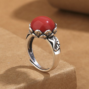 复古民族风镀s990足银荷花，南红戒指女时尚，气质活口可调节指环手饰