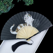 中国风扇子折扇女式夏天便携随身折叠扇猫咪可爱少女棉布古典小扇