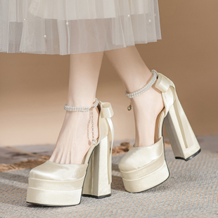 气质名媛白色方头超高跟鞋仙女风粗跟一字带法式厚底玛丽珍珠单鞋