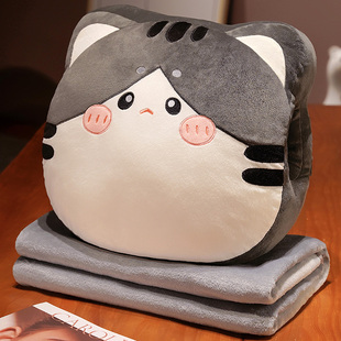 猫咪暖手抱枕毯子三合一办公室靠枕，可插手午睡枕头被子两用汽车用