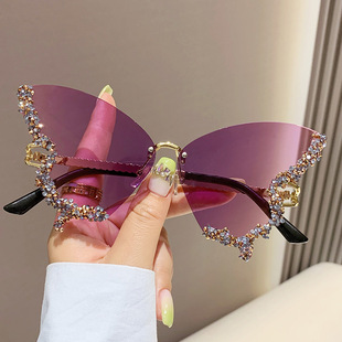 2024大框镶钻蝴蝶太阳镜时尚拍照表演道具眼镜女墨镜防紫外线