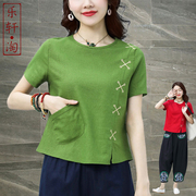 民族风棉麻上衣2024夏装，中式体恤苎麻中国风女装，短袖宽松女式t恤
