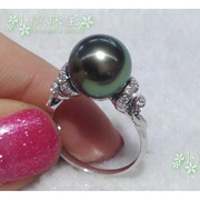 孔雀绿大溪地黑珍珠戒指18k金钻石(金钻石)螺旋，天然海水珍珠戒指