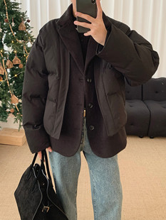 阿茶与阿古黑色假两件棉服男款冬季潮牌设计感保暖棉衣外套