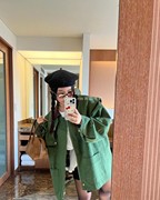 直邮韩国2024春装小众设计感棕色拼色领军绿色工装外套
