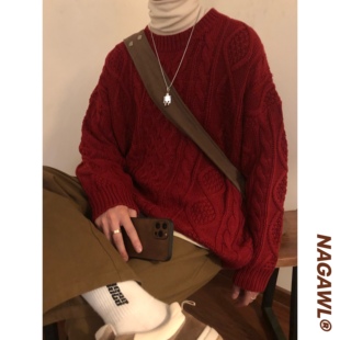 nagawl宽松日系复古vintage套头，圣诞酒红红色麻花，毛衣针织情侣男