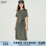 LILY2024夏女装设计感褶皱气质通勤款休闲复古显瘦收腰连衣裙