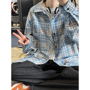 长袖衬衫男款2024春季韩版潮流，日系复古格子大码翻领衬衣外套