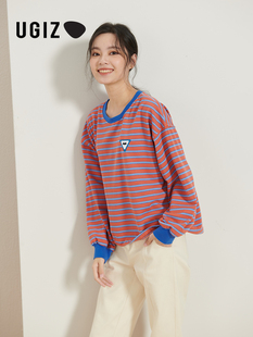 UGIZ商场同款2022春秋季韩版女装休闲圆领撞色条纹T恤女UCTF826