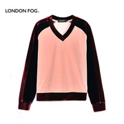 伦敦雾女装秋冬休闲卫衣，v领丝绒拼色松身百搭浅粉色光泽垂感外套