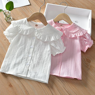 女童白色娃娃领衬衫小女孩韩版洋气时髦上衣潮宝宝夏儿童短袖衬衣