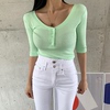 2024韩国东大门纯色半袖纽扣，气质薄荷绿修身打底短款显瘦中袖t恤