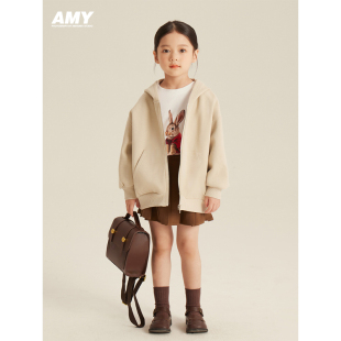Amybaby女童开衫卫衣2023儿童冬季简约休闲洋气连帽运动外套