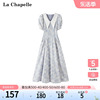 拉夏贝尔lachapelle夏季polo领泡泡袖收腰，碎花法式连衣裙子长裙