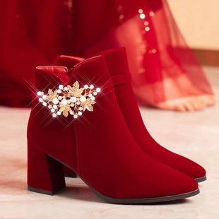 冬季婚鞋新娘鞋2023年高跟鞋女粗跟秀禾婚纱，两穿红色结婚靴子