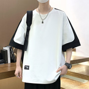 时尚拼色拼接短袖t恤男夏季港风大码潮流男士半袖衣服宽松上衣服