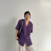 2024年夏季设计感小众紫色v领西服小香风薄款短袖西装外套女
