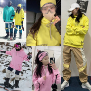 schurkisch韩国滑雪长款卫衣，加厚抓绒保暖连帽打底衫黄粉绿色服裤