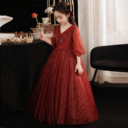 定制儿童晚礼服女童红色，生日公主裙花童婚礼小女孩，主持钢琴演奏演