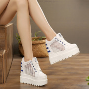 2023夏内增高女鞋坡跟小白鞋12cm厚底休闲运动网面透气松糕鞋