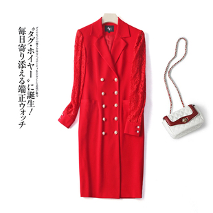 春季西装连衣裙女夏显瘦气质轻熟风裙子通勤职业蕾丝袖中长裙红色