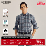 scofield男装春季商务长袖纯棉，复古格子衬衫舒适时尚，衬衣上衣