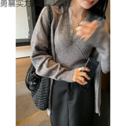 秋冬季蕾丝针织背心女灰色毛衣开衫外套，宽松慵懒风时尚套装