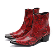 拉牧斯个性红色蛇纹高跟，铁头高帮鞋增高7厘米时装走秀舞台潮男靴